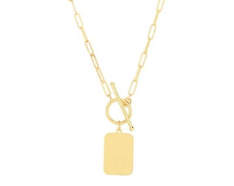 14K Yellow Gold 18" Engravable Tag Necklace with Paperclip Chain and Toggle Closure/Real 14k Gold