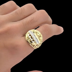10K Solid Yellow Gold Diamond Cut Large Men&#39;s Last Supper Ring Real Solid 10K Yellow White Gold