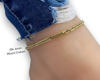 Tobillera de 10K - Tobillera cubana doble de Miami, Tobillera de oro cubano doble de Miami, Tobillera de oro macizo de 14K de 4 mm 9 pulgadas 10 pulgadas