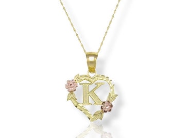 10K Solid Yellow Rose Gold Heart Initial Letter Pendant Singapore Chain Necklace Set - A-Z Any Alphabet Flower Charm
