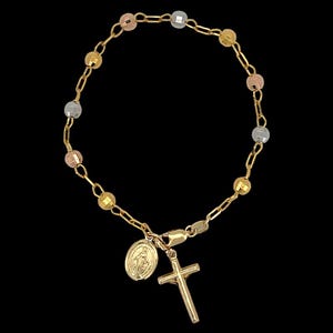 14K Tri-Color Gold Rosary Bracelet – Tri Color Ball Beads – Dainty Catholic Jewelry, Unisex Religious Gift Bracelet