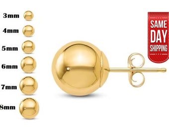 14K Gold Ball Earrings, 3MM, 4MM, 5MM, 6MM, 7MM, 9MM, 10MM 12MM Ball Earring Studs, Gold Push Back Studs Woman, Yellow Gold