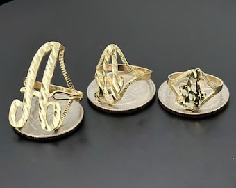 10k Solid Gold Cursive Initial Letter Alphabet Diamond Cut Monogram Ring (Medium - 22.0mm)