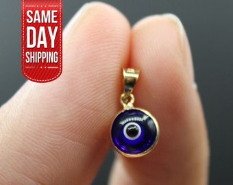 14K Real Gold Puffed Dark Blue Evil Eye Pendant Good Luck Round Charm | Protection Jewelry