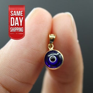 14K Real Gold Puffed Dark Blue Evil Eye Pendant Good Luck Round Charm | Protection Jewelry