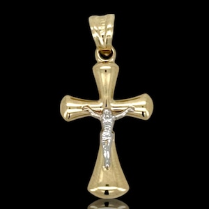 10k Yellow Gold Cross Pendant with Jesus Crucifix Two Tone – Religious Christian Charm for Men or Women, Solid Gold Faith Jewelry