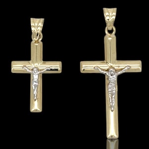 10k Yellow Gold Cross Pendant with Jesus Crucifix Two Tone – Religious Christian Charm for Men or Women, Solid Gold Faith Jewelry