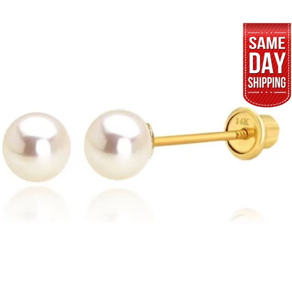 14K Solid Gold Echte Pearl Screw Backs Paar Oorbellen- Pearl Studs- 14K Cultured Pearl Studs- 3mm 4mm 5mm 6mm 7mm 8mm