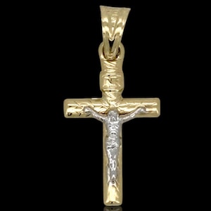 10k Yellow Gold Cross Pendant with Jesus Crucifix Two Tone – Religious Christian Charm for Men or Women, Solid Gold Faith Jewelry