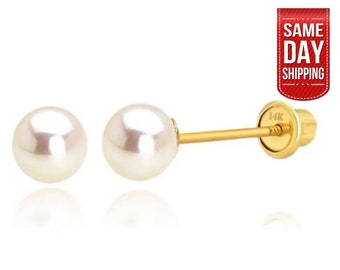 14K Solid Gold Genuine Pearl Screw Backs Pair Of Earrings- Pearl Studs- 14K Cultured Pearl Studs- 3mm 4mm 5mm 6mm 7mm 8mm
