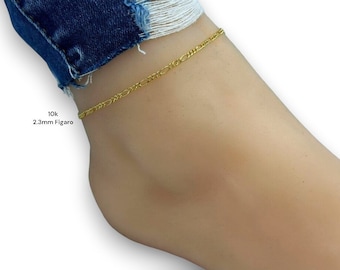 Cavigliera completamente solida 10K - cavigliera Figaro, cavigliera in oro con catena a maglie piatte, oro 10K completamente solido 2,3 mm, cavigliera 9 pollici 10 pollici