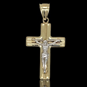 10k Yellow Gold Cross Pendant with Jesus Crucifix Two Tone – Religious Christian Charm for Men or Women, Solid Gold Faith Jewelry