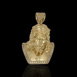 10K Yellow Gold Jesus Head Pendant with CZ | 3D Style  |Real 10k Gold Religious Jewelry
