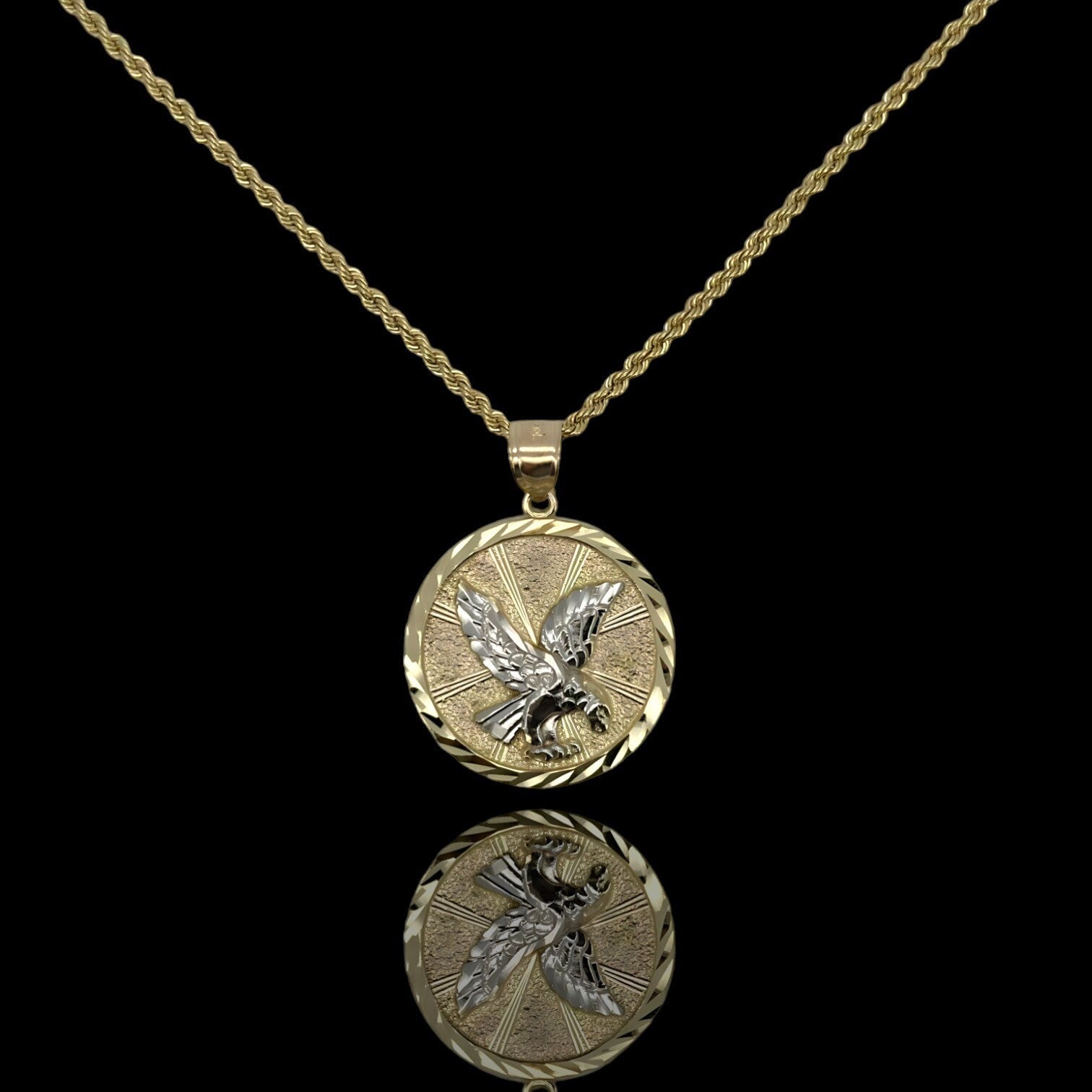 Two Tone Textured Circle Eagle Pendant 10K Yellow White Gold