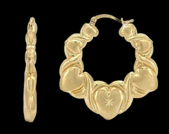 10K Gold Diamond Cut Graduated Heart Hoop Earrings Real 10K Satin Yellow Gold | Perfect Gift for Her