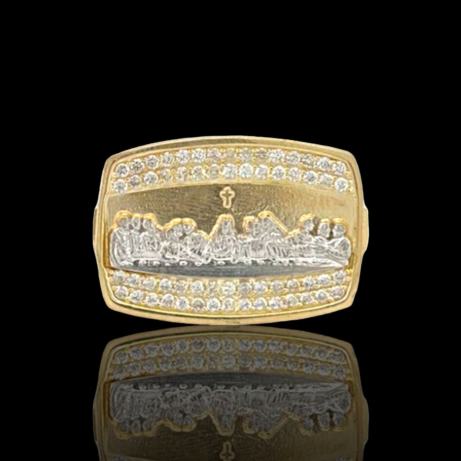 Anello Da Uomo In Oro Giallo Massiccio 10K Con Taglio A Diamante, Grande, Raffigurante L'Ultima Cena. Vero Oro Giallo Massiccio 10K, Bianco - Italia - Foto 4