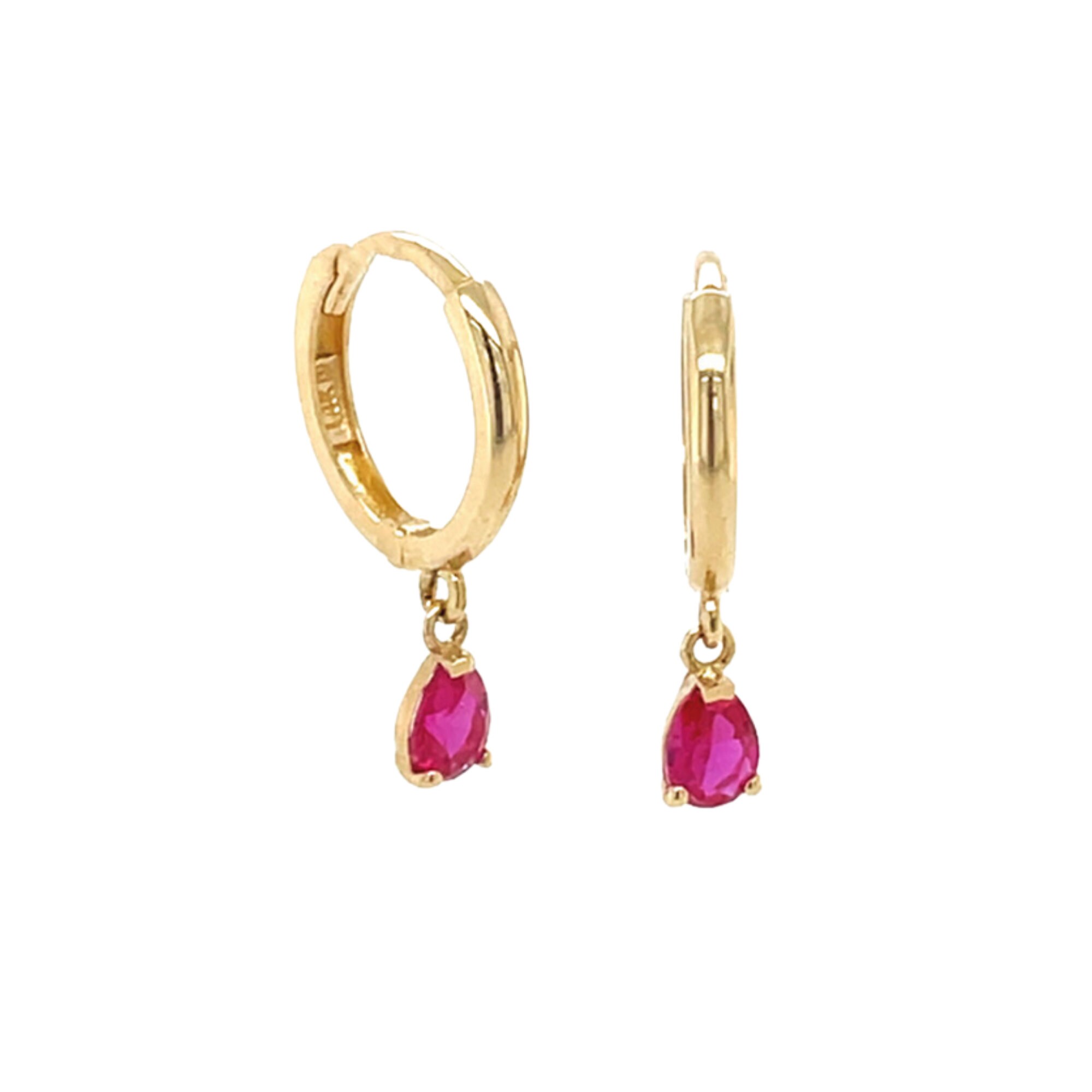 14K Solid Yellow Gold Teardrop CZ Birthstone Diamond Ruby