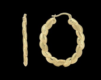 5 cm stora tvinnade diamantslipade bambusörhängen i satin i äkta 10 karat gult guld