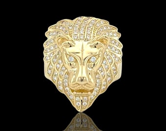 10k & 14k Massivgold Löwenkopf Ring Mit Zirkonia Steinen Für