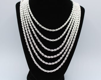 925 Sterling Silver Rope Chain Necklace Italy 1.2mm 1.5mm 1.7mm 2.3mm 3.3mm 4mm, Lobster Clasp, New, Gift, Men, Woman