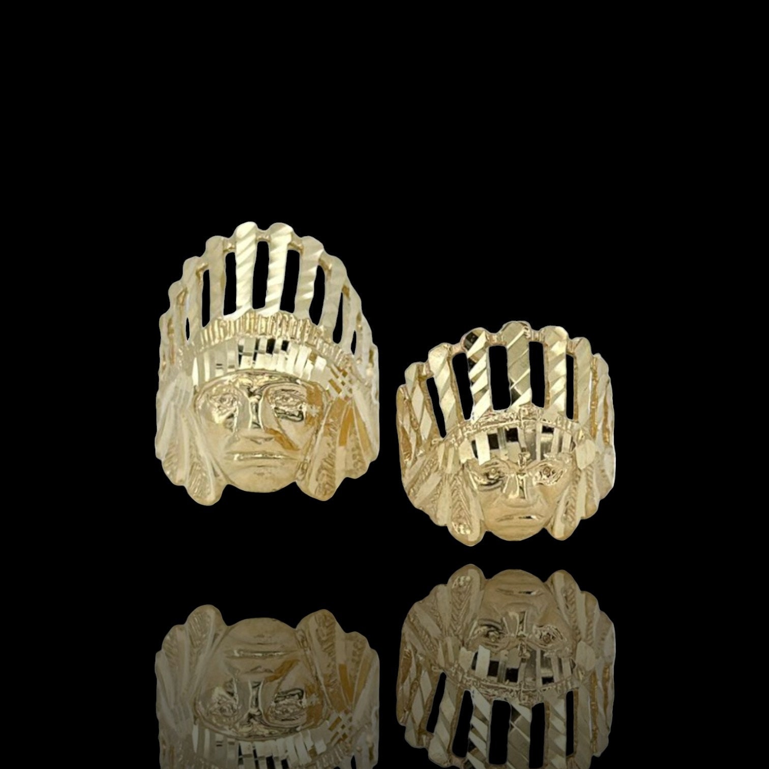 Men's Textured Indian Chief Head Ring Real Solid 10K Yellow Gold