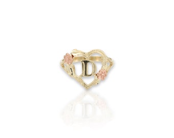 10K Solid Yellow Gold 0.5" Diamond Cut Heart Rose Flower Initial Letter Alphabet Band Ring.