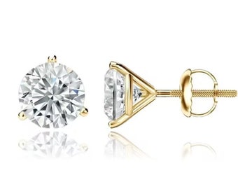 14K Solid Gold Solitaire 3 Prong Heavy Martini Setting Studs | Screwback Martini Studs CZ or Moissanite GRA  | .50ct | .80ct | 1.3ct | 2.0ct