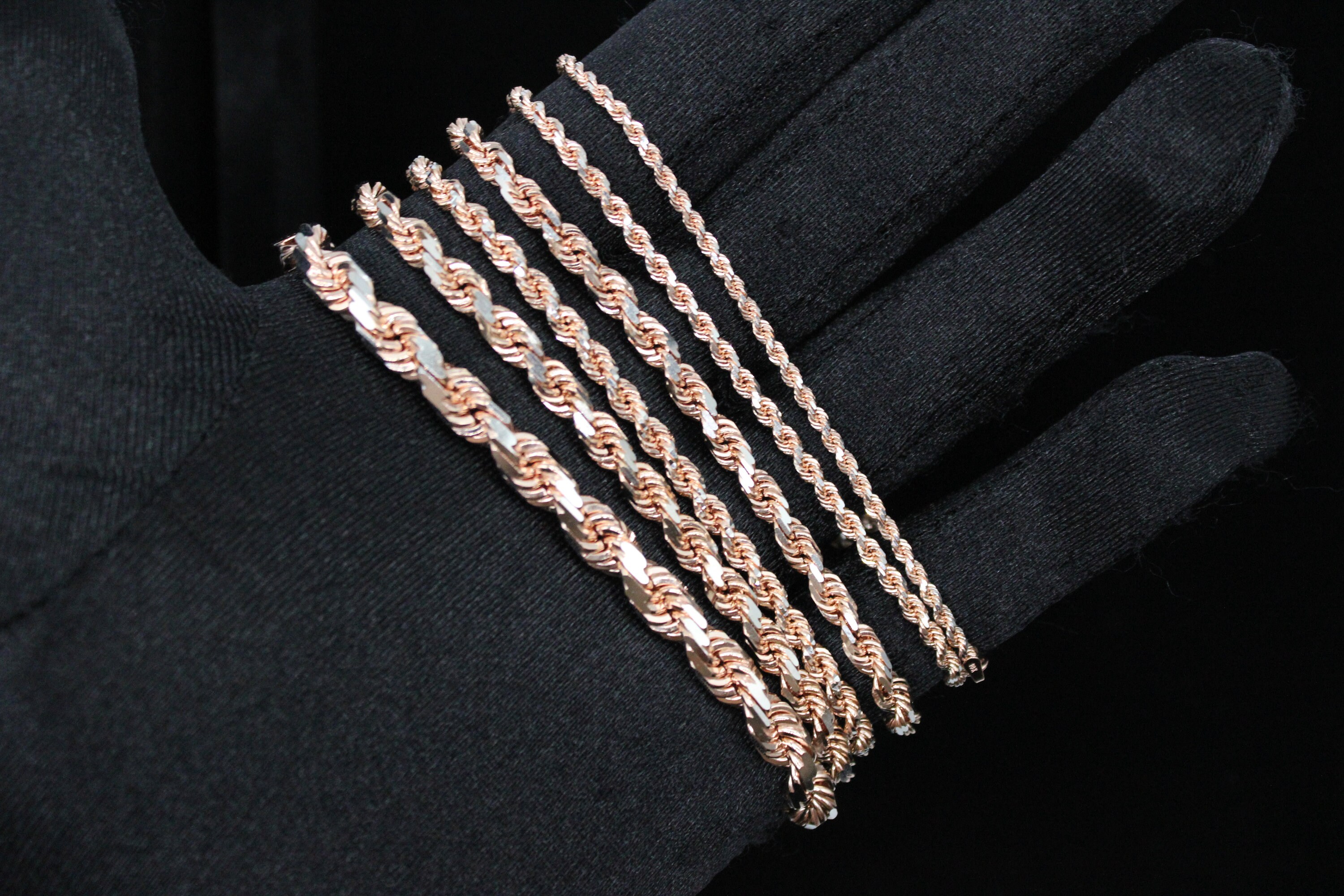 10K Fully Solid Gold Rope Chain Rose Gold Rope Chain Bracelet Diamond ...