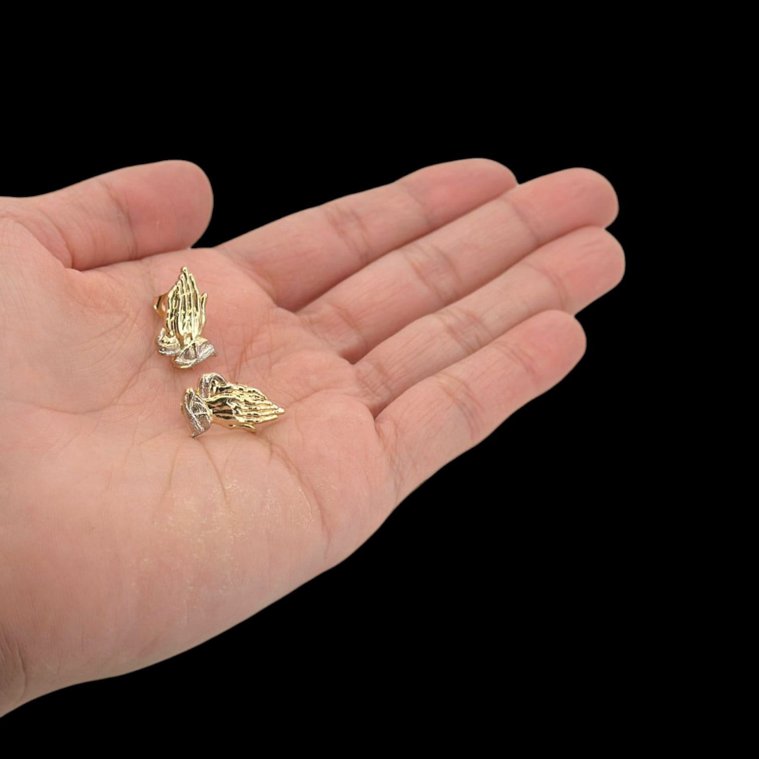 10K Solid Yellow Two Tone Diamond Cut Gold Praying Hands  10kt Yellow Gold Diamond Praying Hands Stud Earrings main image 0