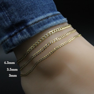 May include: Three gold ankle chains with different widths, labeled 3mm, 3.5mm, and 4.3mm.