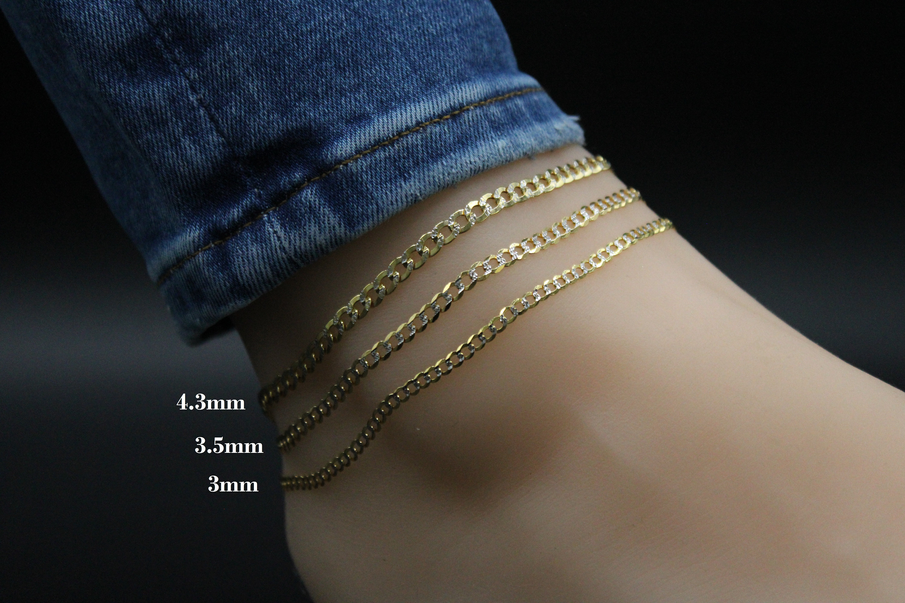 Solid 14K Gold Curb Cuban Two Tone Anklet 9 Inch 10 Inch 11 Inch 12 Inch