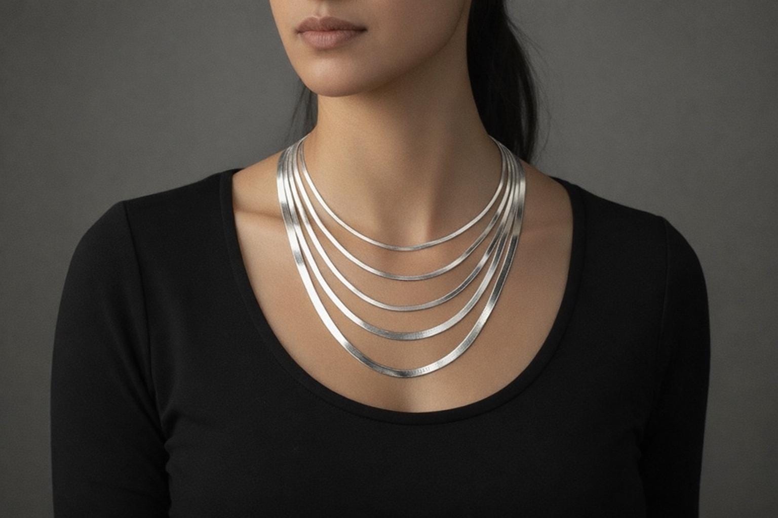 925 Silver Herringbone Chain Necklace, Choker, 16'' - 26'' Inch