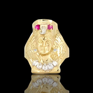 10K Solid Yellow Gold Diamond Cut Egyptian Pharaoh Head King Tut CZ Band Ring