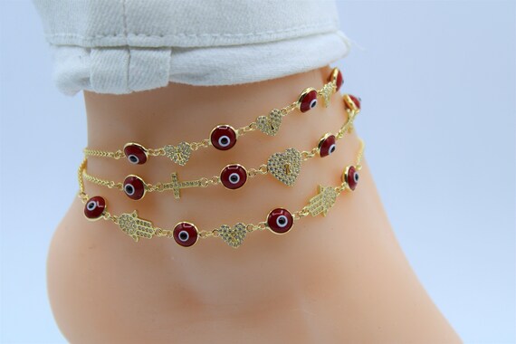 Evil Eye Anklet 14K Solid Gold Evil Eye Anklet Gold Anklet Protection Anklet Beach Jewelry Birthday Gift red Evil Eye Charm Etsy