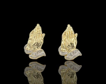 10K Solid Yellow Two Tone Diamond Cut Gold Praying Hands  10kt Yellow Gold Diamond Praying Hands Stud Earrings display picture 1