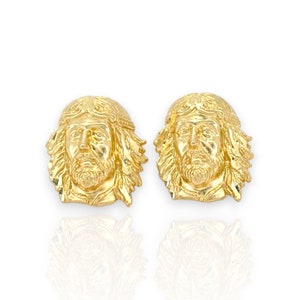 Textured Detailed Jesus Head Stud Earrings Solid - 10K Yellow Gold