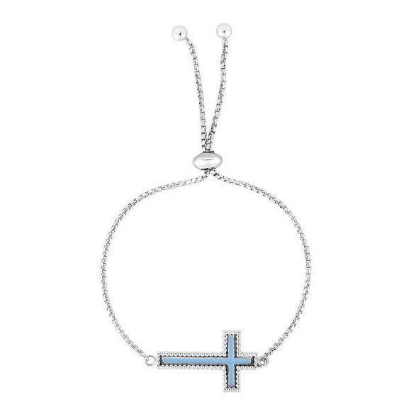 Friendship Bolo Bracelet with Cross Adjustable Length Rhodium on Sterling Silver Friendship Bolo Bracelet with Cross Adjustable Length Rhodium on Sterling Silver