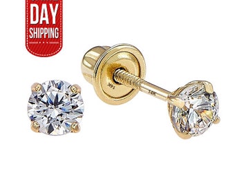 14k Solid Yellow Gold Basket Set Round CZ Stud Earrings, Screw back Cz Studs, Sleeper Cz Studs, Unisex