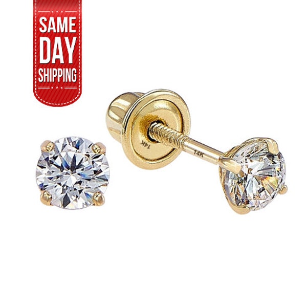 14k Solid Yellow Gold Basket Set Round CZ Stud Earrings, Screw back Cz Studs, Sleeper Cz Studs, Unisex