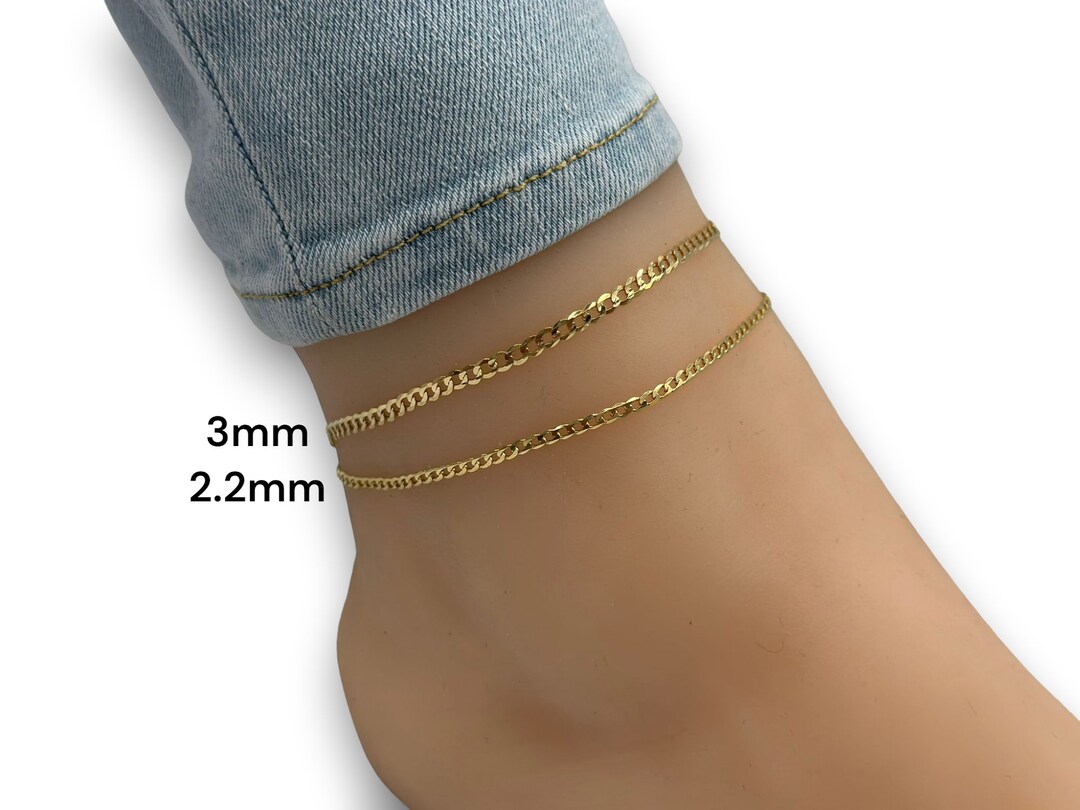 14K Fully Solid Anklet - Curb Cuban Anklet , Flat Link Chain
