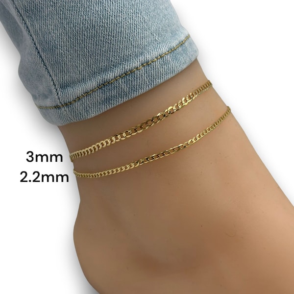 14K Fully solid Anklet - Curb Cuban Anklet , Flat Link Chain Gold Anklet, 14K Solid Gold 2.3mm, 2.2mm 3mm Anklet 9 inch 10 inch