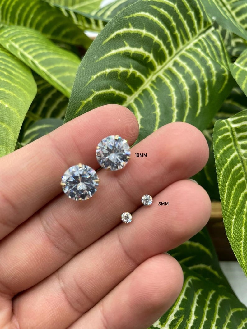14K Solid White Gold Brilliant Bright Round CZ Stud Earrings