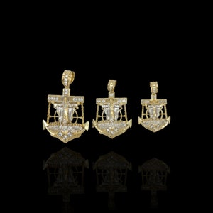 Jesus Two Tone Anchor Pendant CZ - 10k Yellow Gold