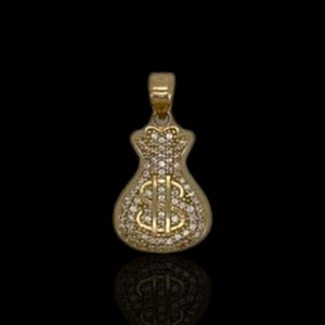 Money Bag Cz Pendant - 14k Yellow Gold