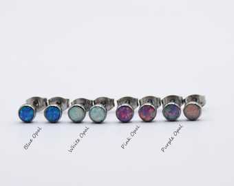 Pair of Titanium Opal Stud Earrings, White, Blue, Purple and Pink Colors - 3mm, 4mm, 5mm, 6mm Pair of Stud Earrings