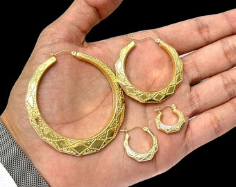 10K Real Yellow Gold Octagonal Vintage Engraved Round Etched Hoop Earrings | All Sizes | 18mm, 20mm, 40mm, 60mm | Perfect Gift For Her
