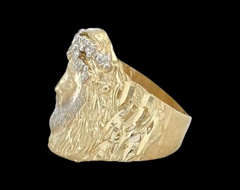 Anello Da Uomo In Oro Giallo Massiccio 10K Con Testa Di Gesù E Diamanti Taglio Brillante, Ultima Cena, In Zirconi Cubici, Vero Oro Giallo Bianco Massiccio 10K - Italia - Foto 6