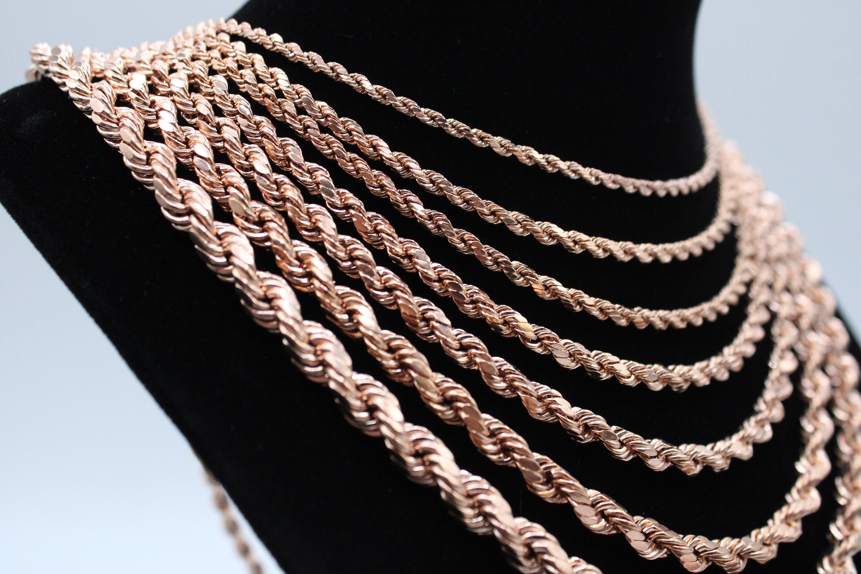 10K Fully Solid! Rose Gold Rope Chain Necklace 1.5mm, 2mm, 3mm, 3.5mm ...