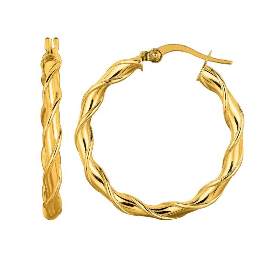 14K Yellow Gold Twist Hoop Earring With Hinged Closure