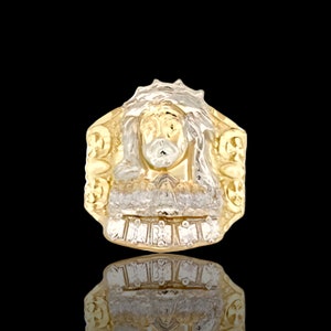 10K Solid Yellow Gold Diamond Cut Large Men&#39;s Jesus Head Last Supper CZ Ring Real Solid 10K Yellow White Gold